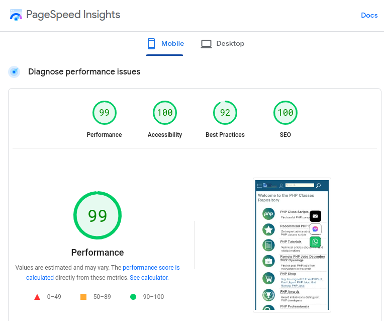 PHP Classes Google PageSpeed Insights 2022